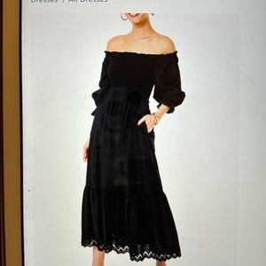 Lilly Pulitzer Arlynn Onyx Black Boho Eyelet Off Shoulder Smocked Dress Medium